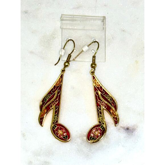 Cloisonne Gold Plated Red Enamel Music Note Dangle Drop Earrings - Picture 2 of 6